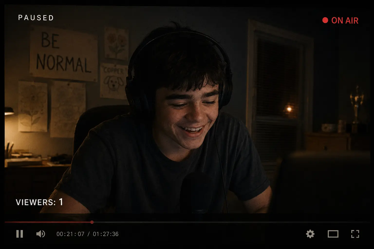 A paused stream showing Ben at his desk in headphones, laughing quietly. Viewer count reads 1.